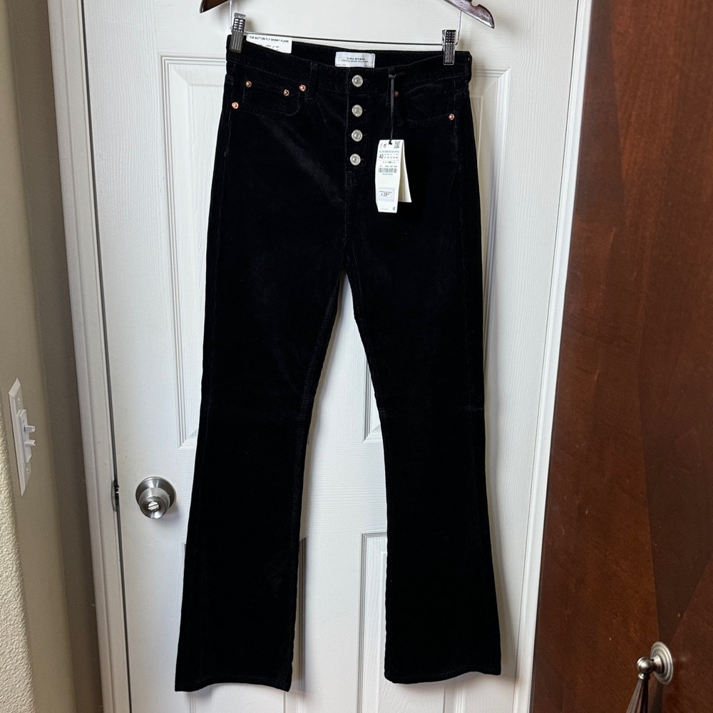 ZARA WOMAN NWT Premium Collection Black Corduroy Pants Button Accents - Size 8